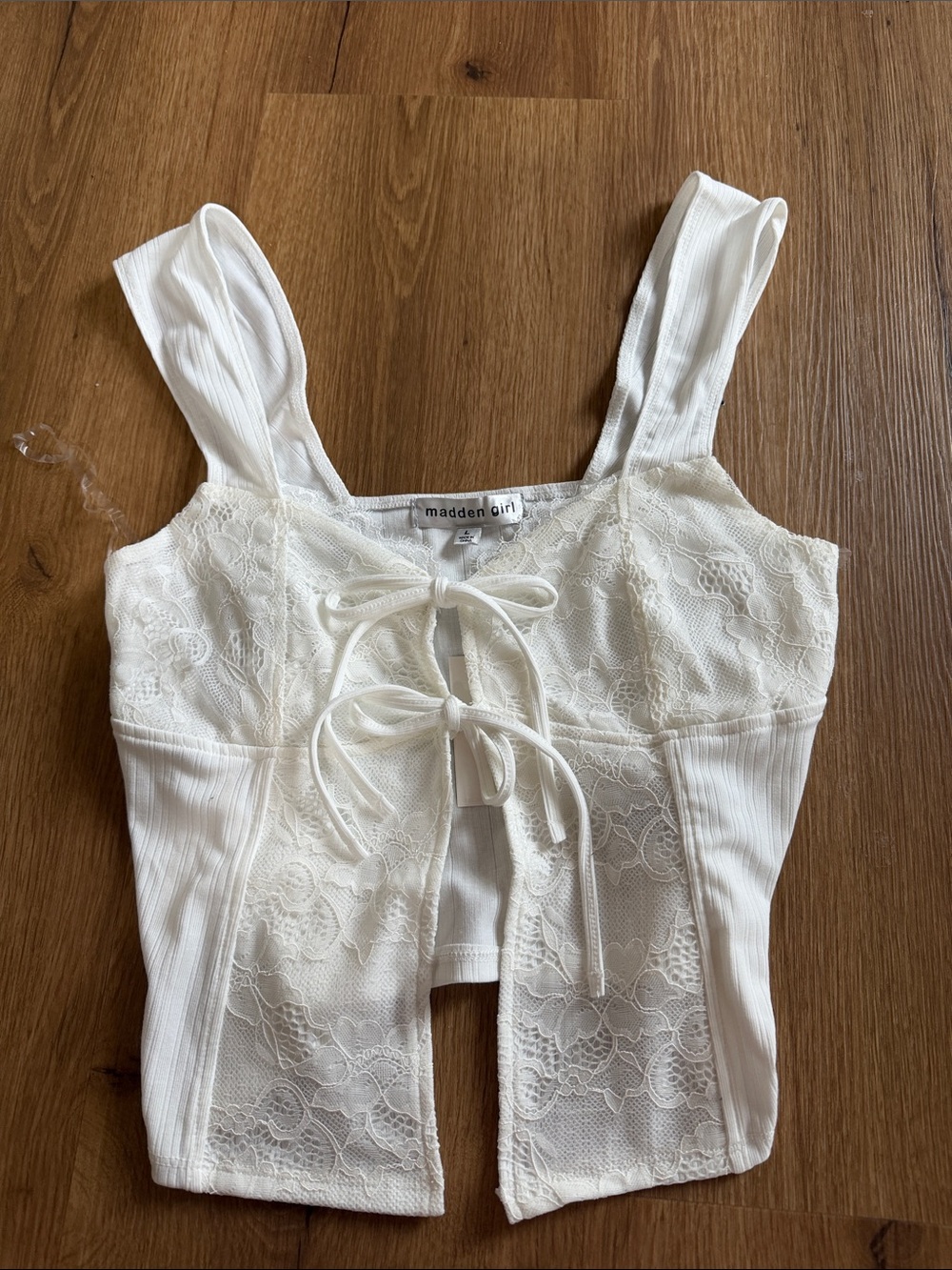 Madden Girl Cream Lace Tie-Front Corset Tank